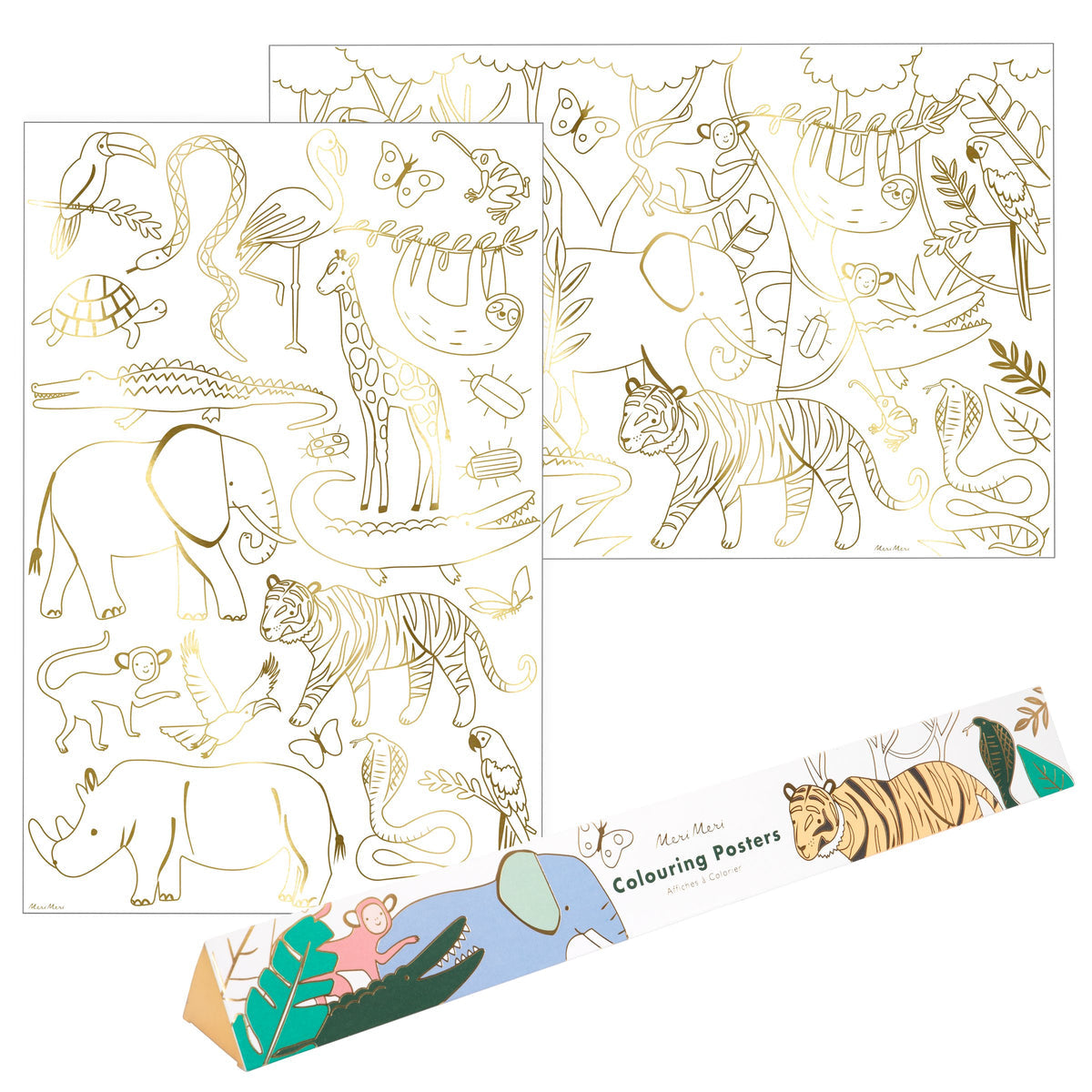 Introducing the Meri Meri Coloring Posters by Meri Meri, featuring two delightful designs with jungle animals such as elephants, tigers, and giraffes. These posters come with a vibrant box adorned with copper foil details, making them perfect for decorating a bedroom or enjoying as an engaging activity on a rainy day.