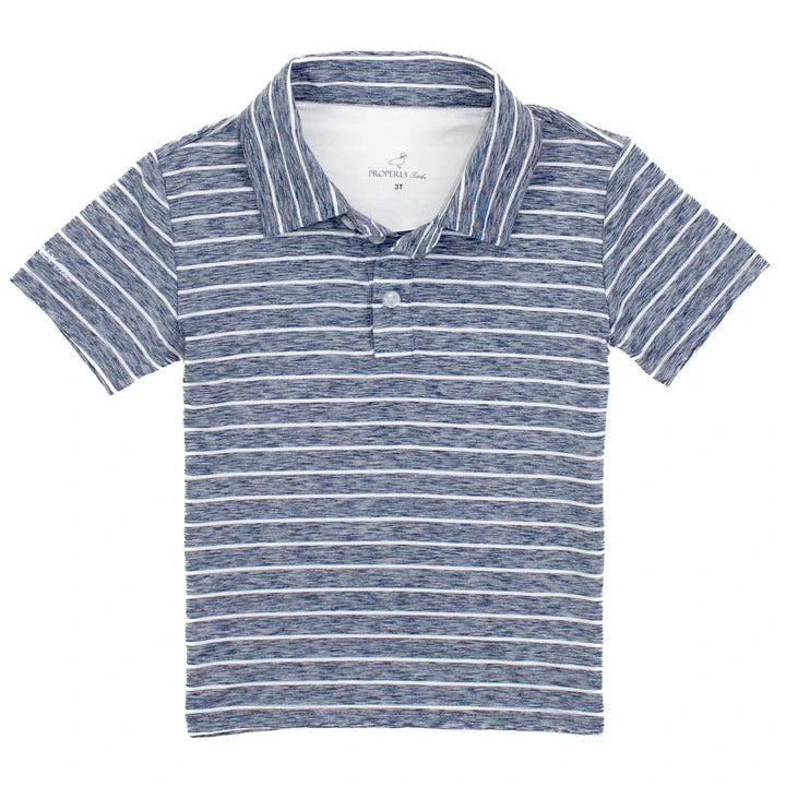 The Boys' Starboard Polo by Properly Tied features short sleeves, a blue color with white horizontal stripes, and a collar—ideal for casual wear. Shown laid flat against a white background.