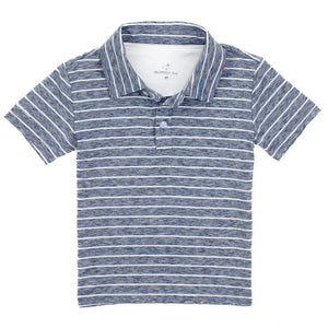 The Boys' Starboard Polo by Properly Tied features short sleeves, a blue color with white horizontal stripes, and a collar—ideal for casual wear. Shown laid flat against a white background.