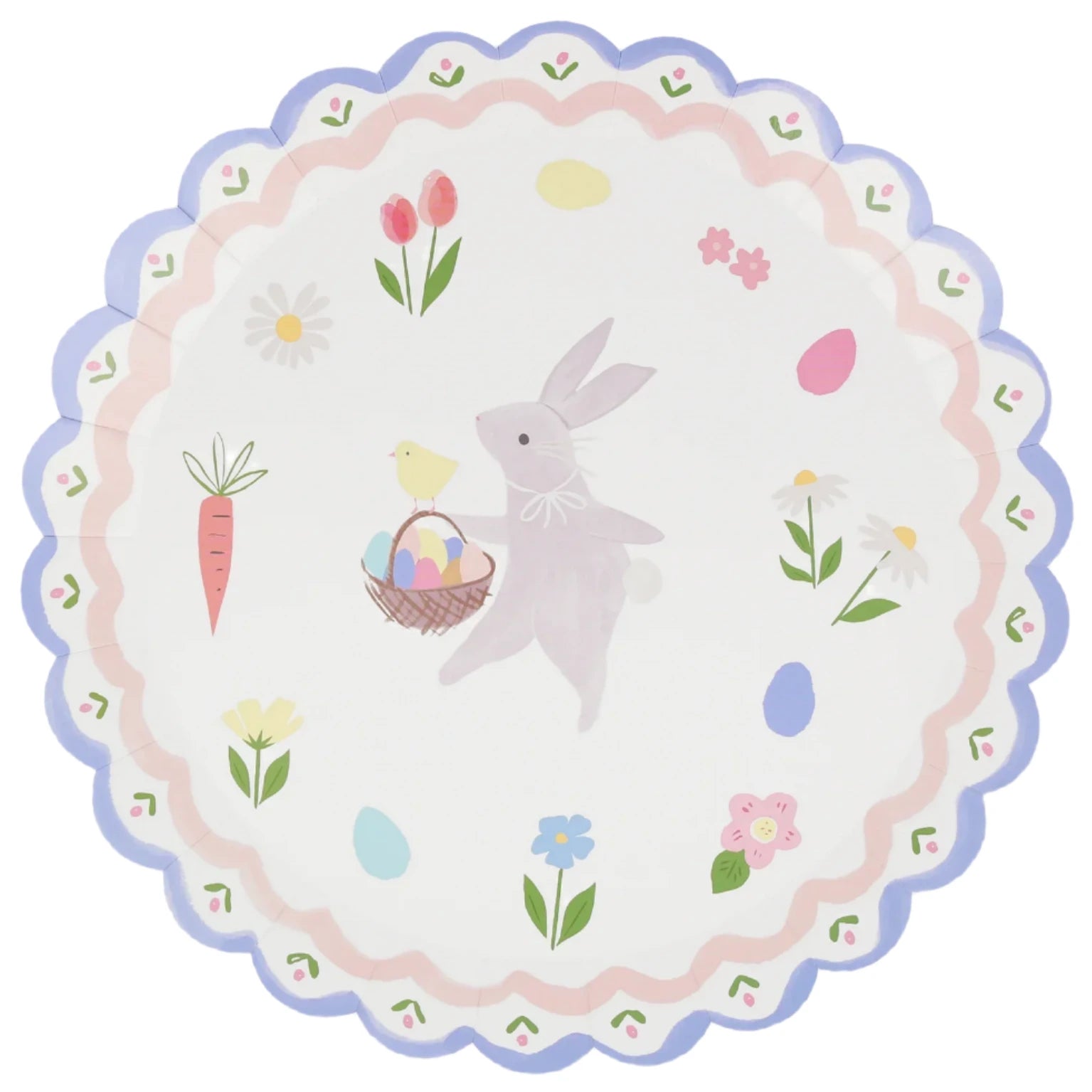 The Meri Meri Easter Bunny Dinner Plates have a scalloped edge and show a lively rabbit with an egg basket, chick, flowers, eggs, and carrot on a pastel background—ideal for your Easter table.