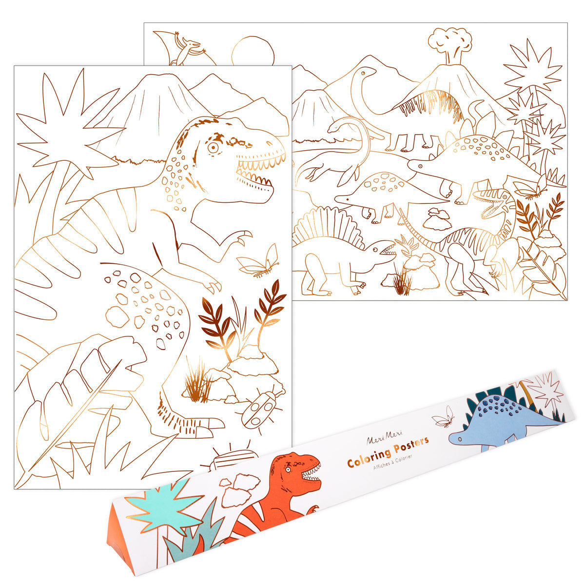 The Meri Meri Coloring Posters, from the brand Meri Meri, are ideal for a rainy day activity with their two dinosaur-themed designs featuring outlined dinosaurs, plants, and volcanoes. Packaged in a colorful tube adorned with vibrant dinosaur illustrations, they add an exciting touch to any bedroom decor.