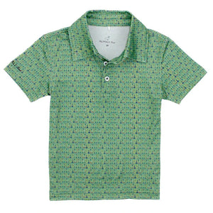 The Boys' Inlet Polo by Properly Tied features green short sleeves, a blue and yellow geometric pattern, white buttons, and a collar. This moisture-wicking golf polo keeps boys comfortable and stylish on or off the course.