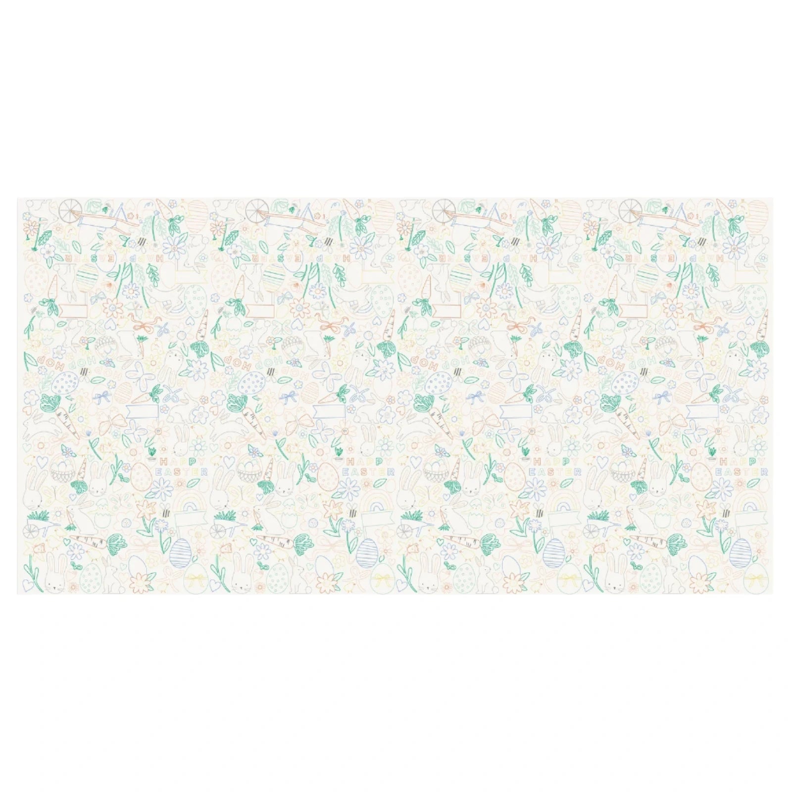 The Easter Colour In Activity Tablecloth by Meri Meri features a pastel floral pattern with leaves, flowers, and circles in a repeating grid against an off-white background, ideal for Easter.