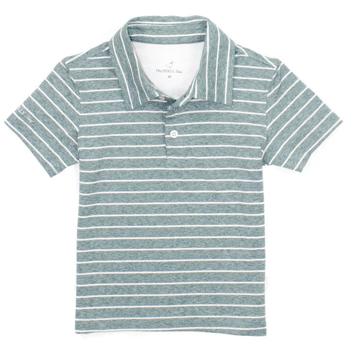 The Boys' Starboard Polo by Properly Tied features green and white stripes, short sleeves, a classic collar, and three buttons—making it a casual wear essential.