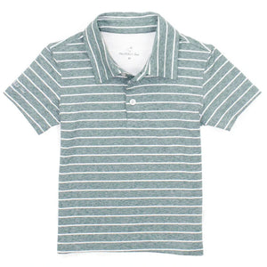 The Boys' Starboard Polo by Properly Tied features green and white stripes, short sleeves, a classic collar, and three buttons—making it a casual wear essential.