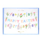 The "Easter Garland" by Meri Meri comes in packaging adorned with pastel themes featuring colorful letters, flowers, bunnies, carrots, honeycomb eggs, and more.