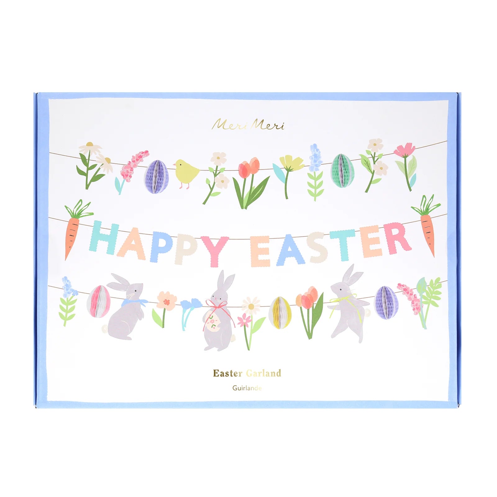 The "Easter Garland" by Meri Meri comes in packaging adorned with pastel themes featuring colorful letters, flowers, bunnies, carrots, honeycomb eggs, and more.