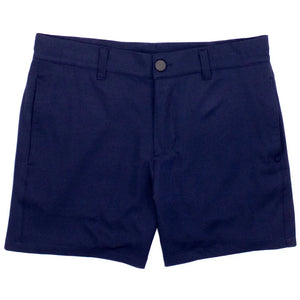 Properly Tied Boys' Fairway Short in navy blue with belt loops, front button, and side pockets, shown flat on a white background.