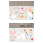 Two sheets of Meri Meri Large Tattoos feature whimsical designs such as a swan, carriage, castle, rainbow, unicorn, and butterflies. Perfect as a gift for guests or a party activity. Packaging indicates the product is designed in England and made in China.