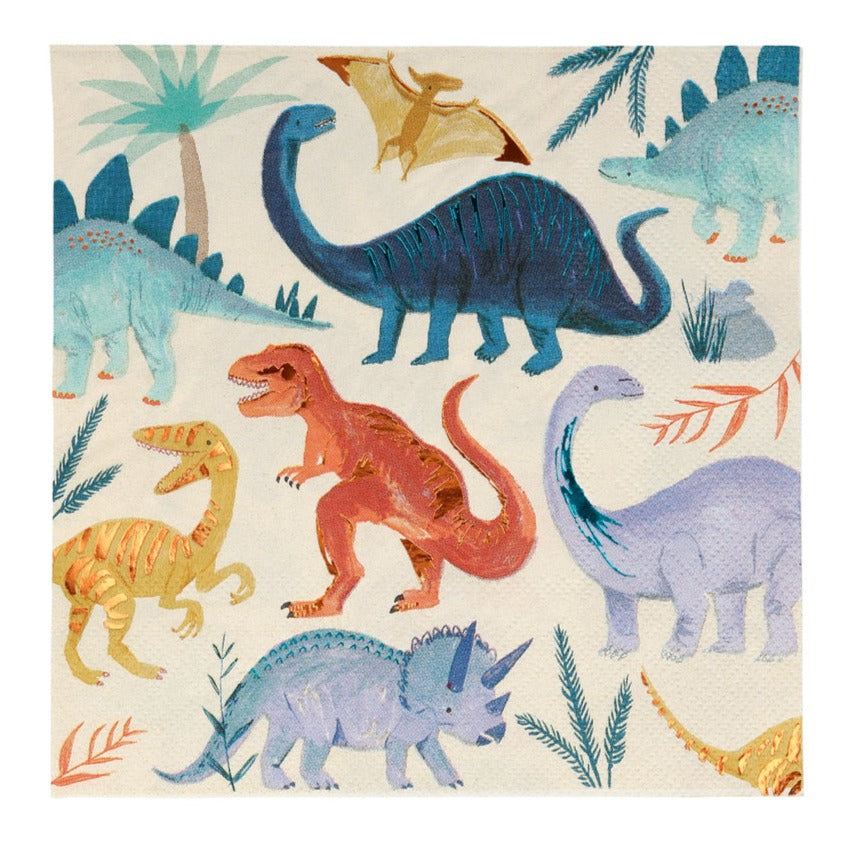 Illustration of various colorful dinosaurs such as T-Rex, Brontosaurus, Triceratops, and Pterodactyl, surrounded by simple foliage on a light background. Perfect for Meri Meri Large Napkins made from FSC mix paper by Meri Meri.