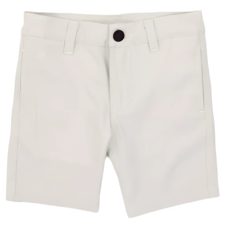 Properly Tied Boys' Fairway Short featuring belt loops, a black button closure, and front pockets—ideal performance shorts for golf, shown on a plain background.