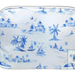 TRVL Bag from the Cote D'Azur Collection with a blue nautical pattern featuring sailboats, palm trees, and buildings, with a dome top zip closure.