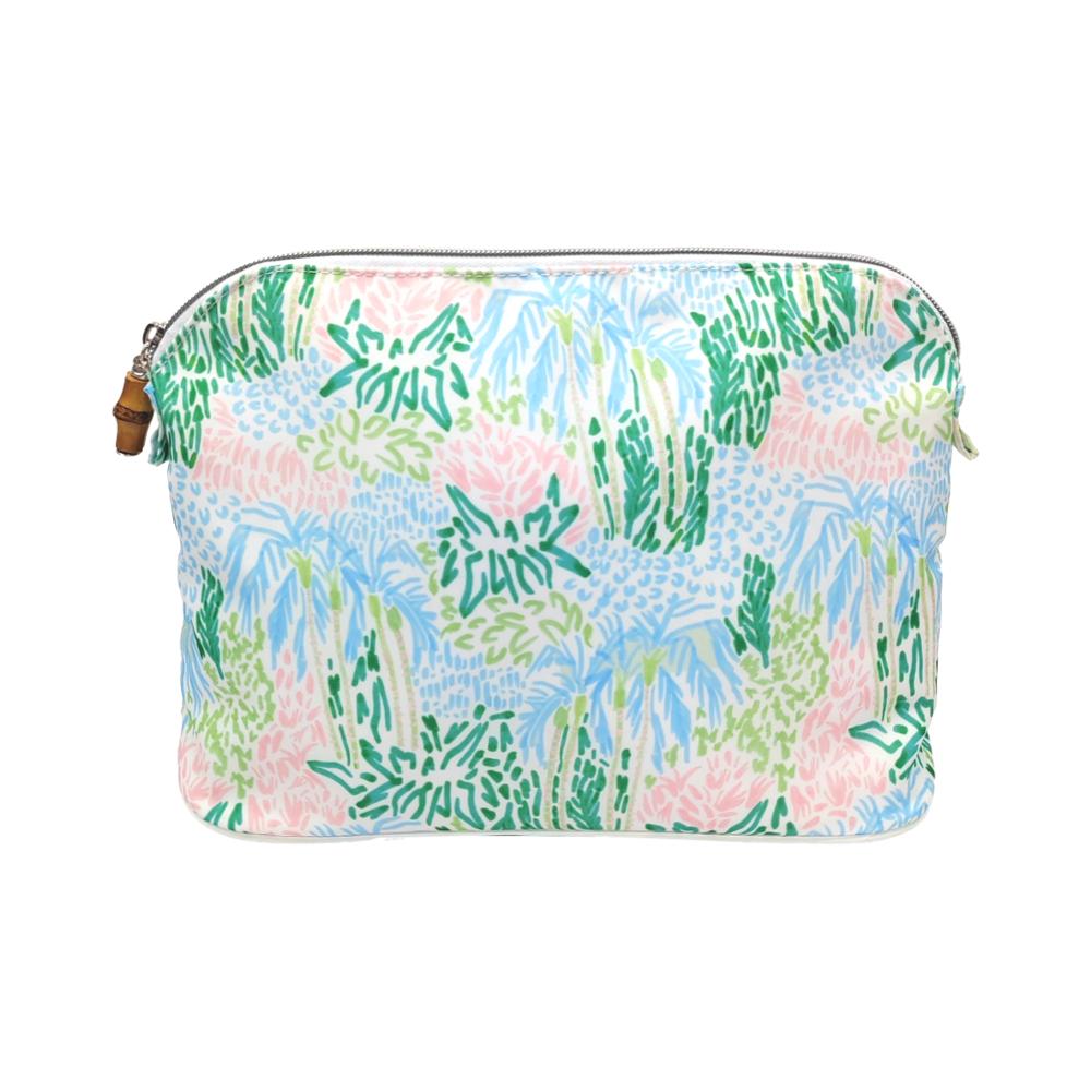 Colorful floral pattern TRVL Bag from the Palm Isle Collection with a dome top zip and leather pull tab on a white background by TRVL Design.