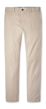 The Peter Millar Somerset Flat-Front Pant is a beige, straight-leg trouser with belt loops, a single button closure, and front pockets, shown against a white background.