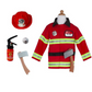 The Great Pretenders Firefighter with Accessories Set includes a red jacket, helmet, badge, toy fire extinguisher, and two toy axes—everything kids need for fun pretend play as a firefighter.