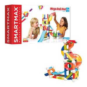 Box of Smart Games' SmartMax Mega Ball Run, showing an assembled colorful ball track and two children playing.