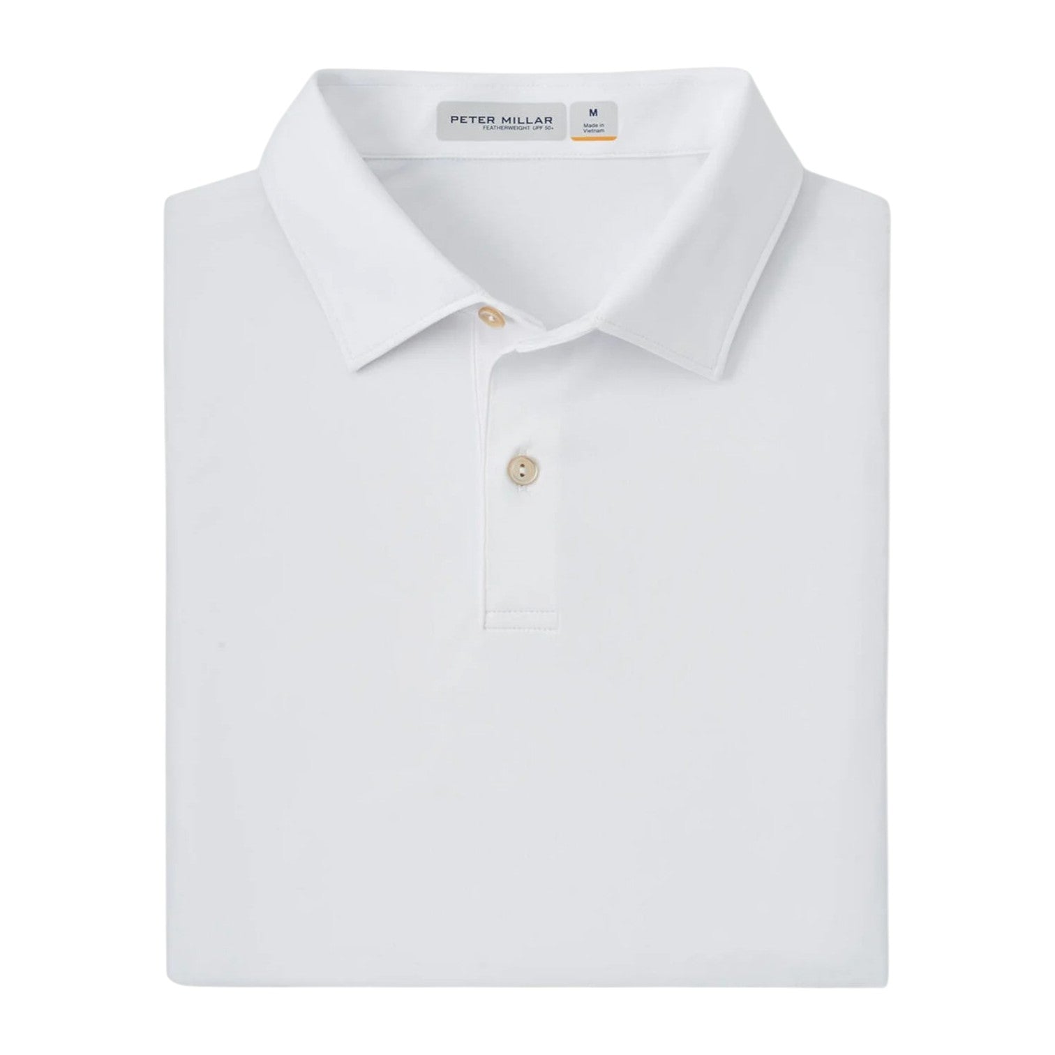 The Featherweight Mélange Polo by Peter Millar is a white classic-collar shirt with two beige buttons and a discreet inner label, made from performance fabric offering UPF 50+ sun protection for all-day comfort.