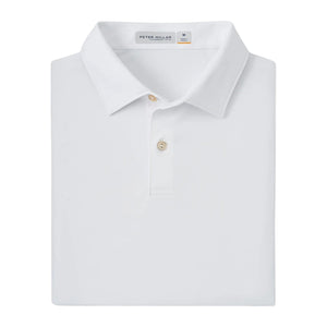 The Featherweight Mélange Polo by Peter Millar is a white classic-collar shirt with two beige buttons and a discreet inner label, made from performance fabric offering UPF 50+ sun protection for all-day comfort.