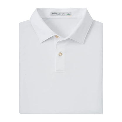 The Featherweight Mélange Polo by Peter Millar is a white classic-collar shirt with two beige buttons and a discreet inner label, made from performance fabric offering UPF 50+ sun protection for all-day comfort.
