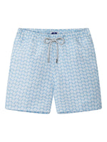 The Staniel Swim Trunk by Love Brand features a light blue quick-dry fabric with a white geometric floral pattern, an elastic waistband, and a drawstring with metal tips—ideal for comfortable summer swimming.
