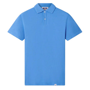 The Love Brand Pensacola Polo Shirt is a plain yacht blue, short-sleeve collared shirt with a three-button placket, shown on a white background—ideal for smart-casual occasions.