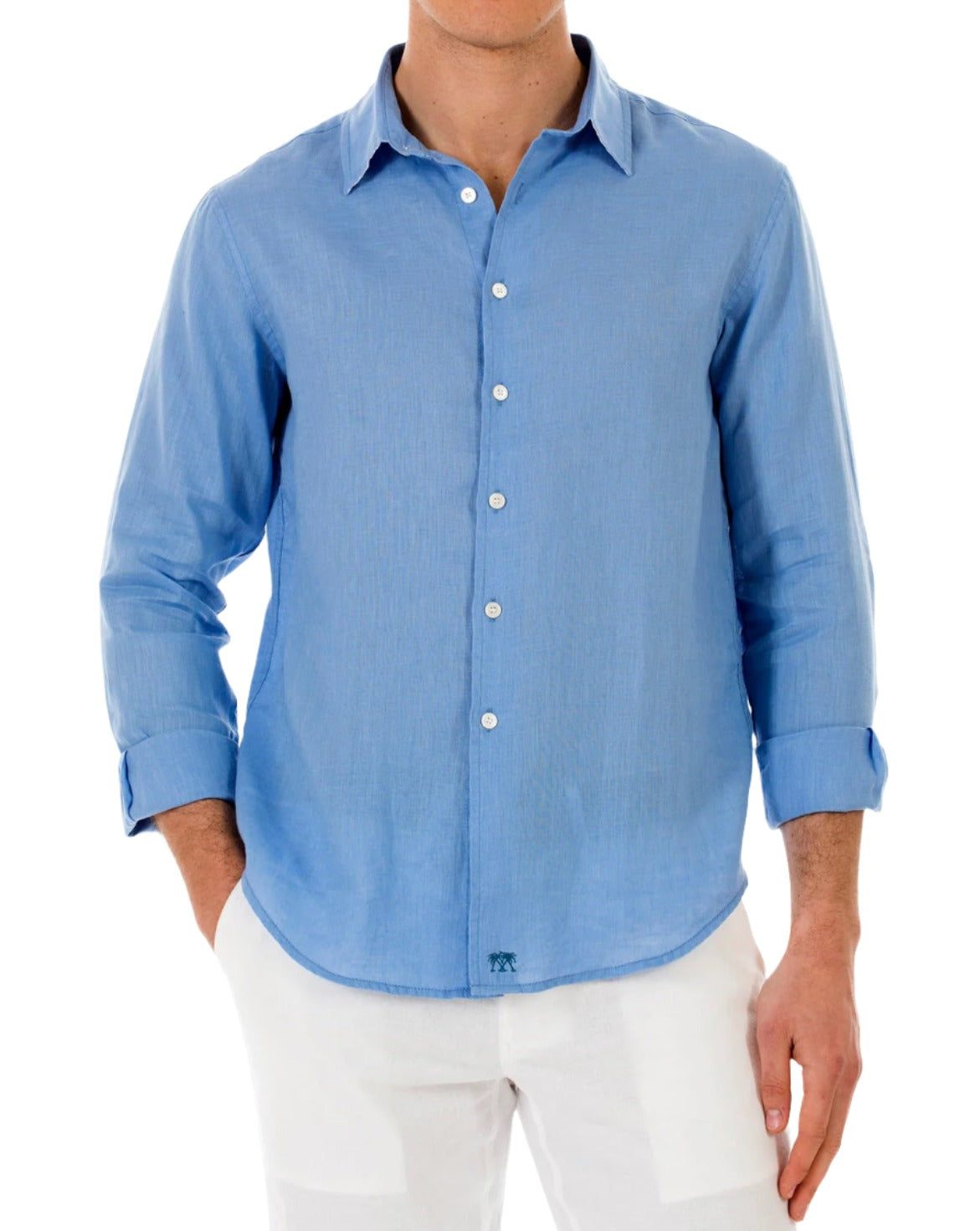 A person wearing a Pink House Mustique Men's Plain Linen Shirt and white pants. The hands are in the pockets, and the head is not visible.