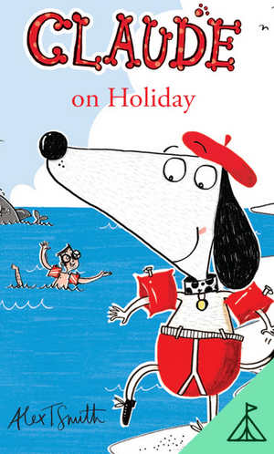 Illustration of Claude the dog in a red beret and swim gear by the sea, with a man waving from the water. The text reads: “Yoto Card: Claude on Holiday” by Alex T. Smith, from Yoto—a delightful peek into a children’s seaside adventure.