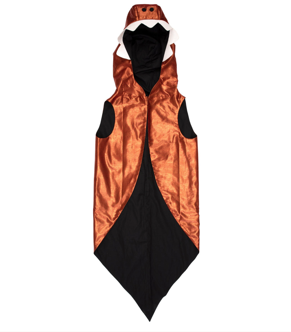 A reversible black and orange Meri Meri dinosaur costume with a high collar, featuring spikes commonly associated with Halloween costumes or vampire-themed attire, laid flat against a white background.