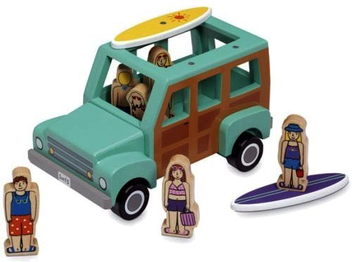 This delightful Jack Rabbit Creations Magnetic Truck features a surfboard on top and comes with five wooden figures, including one on a separate surfboard, arranged around the magnetic vehicle. Perfect for encouraging imaginative play, this charming set makes a wonderful addition to any wooden toy collection.
