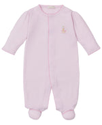 A soft pink Kissy Kissy Baby Premier Noah's Ark Footie with hand embroidery, long sleeves, pink trim, and a small crown and number one on the chest for added style.