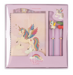 My Stationary Box containing an A5 unicorn notebook, a unicorn-topped glitter gel pen, and a cherry-topped pen.