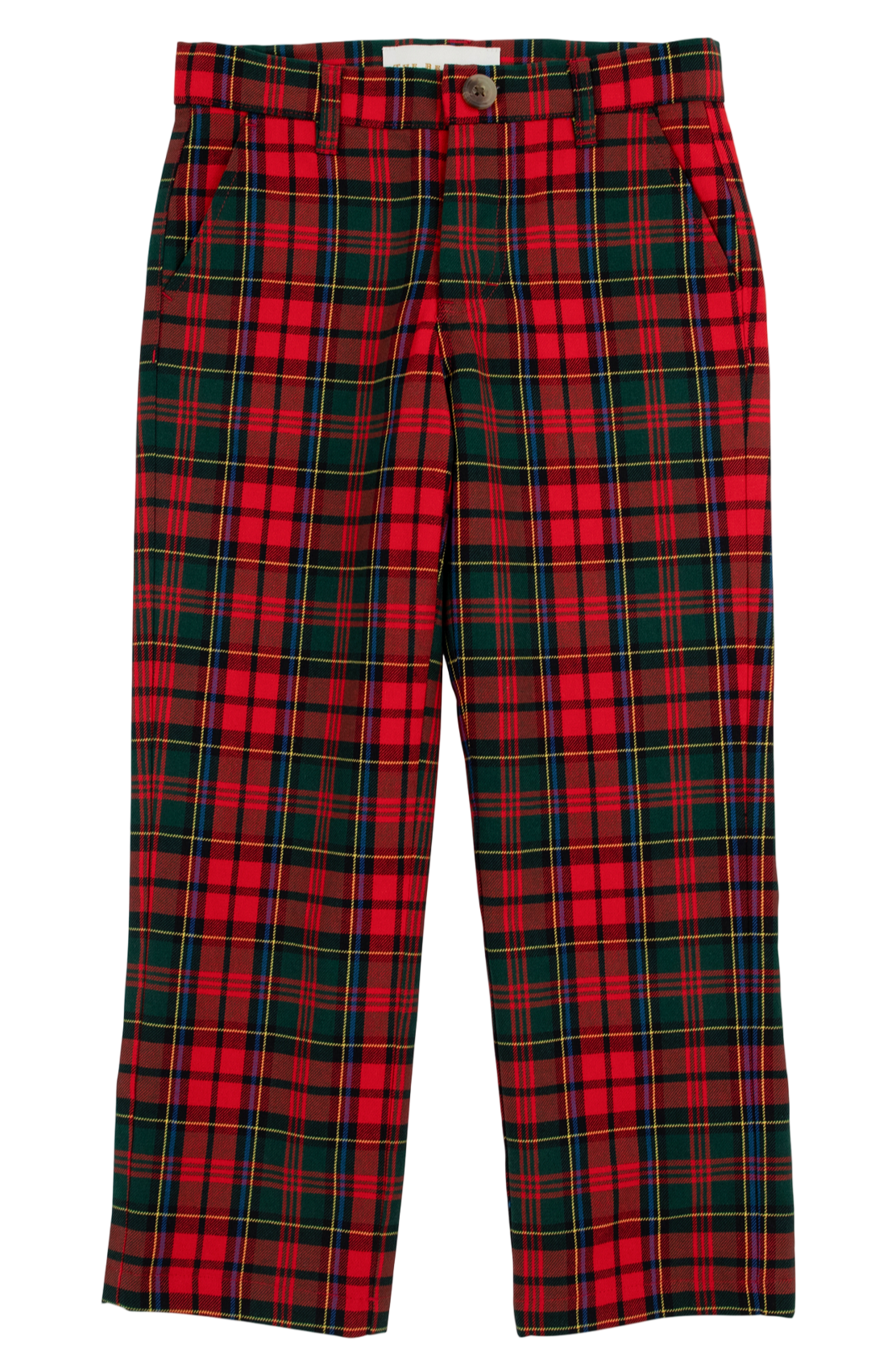 A pair of Boys' Twill Prep School Pants from The Beaufort Bonnet Company in red and green plaid, displayed flat on a white background.