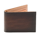 The Magnanni Slim Fold Wallet, crafted from brown calfskin leather, is partially open to reveal interior card slots and displayed against a white background.