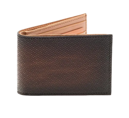 The Magnanni Slim Fold Wallet, crafted from brown calfskin leather, is partially open to reveal interior card slots and displayed against a white background.