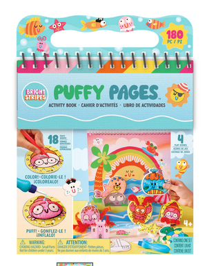 The Bright Stripes Puffy Pages activity book includes 180 pieces for kids ages 4 and up to create imaginative 3D scenes on the go, featuring colorful cartoon sea animals, art supplies, and finished puffy art projects displayed on the cover.