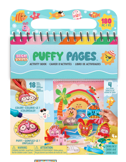 The Bright Stripes Puffy Pages activity book includes 180 pieces for kids ages 4 and up to create imaginative 3D scenes on the go, featuring colorful cartoon sea animals, art supplies, and finished puffy art projects displayed on the cover.