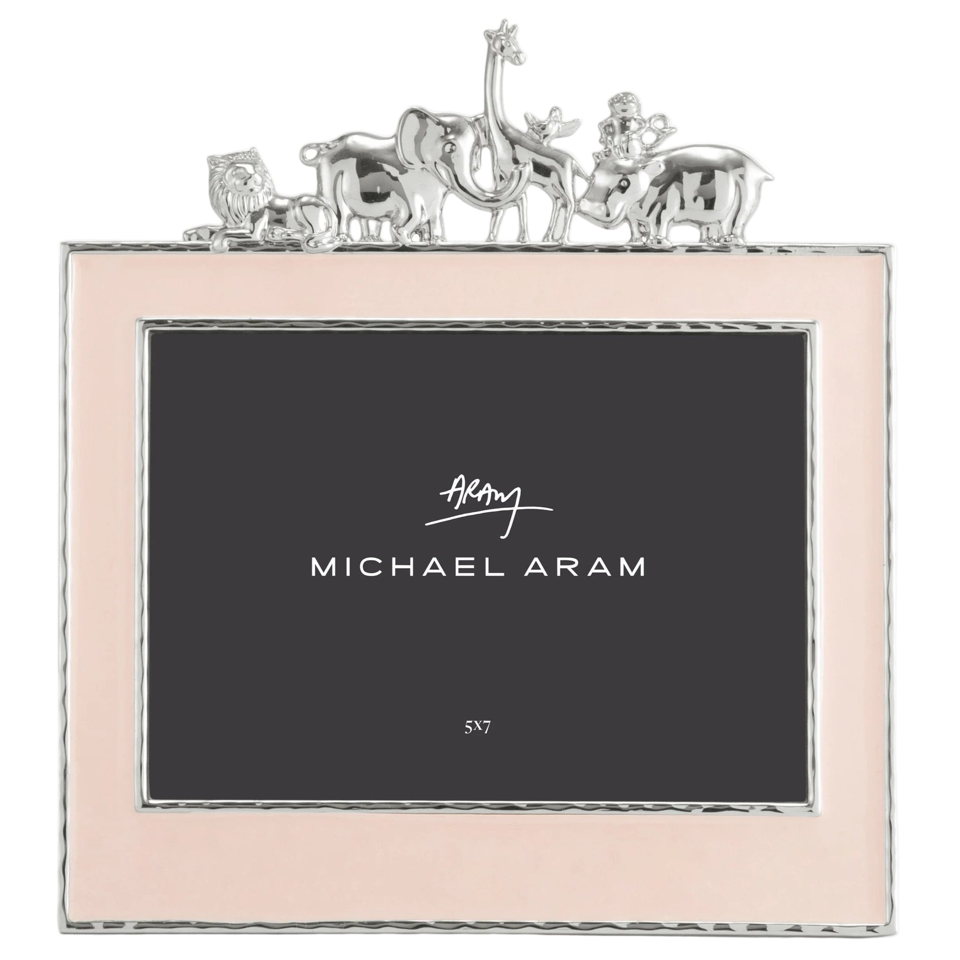 The Michael Aram Animals Nickelplate Frame, 5x7 in pink, features a silver giraffe, elephant, lion, and monkey along the top—an adorable way to showcase joyful children’s memories.