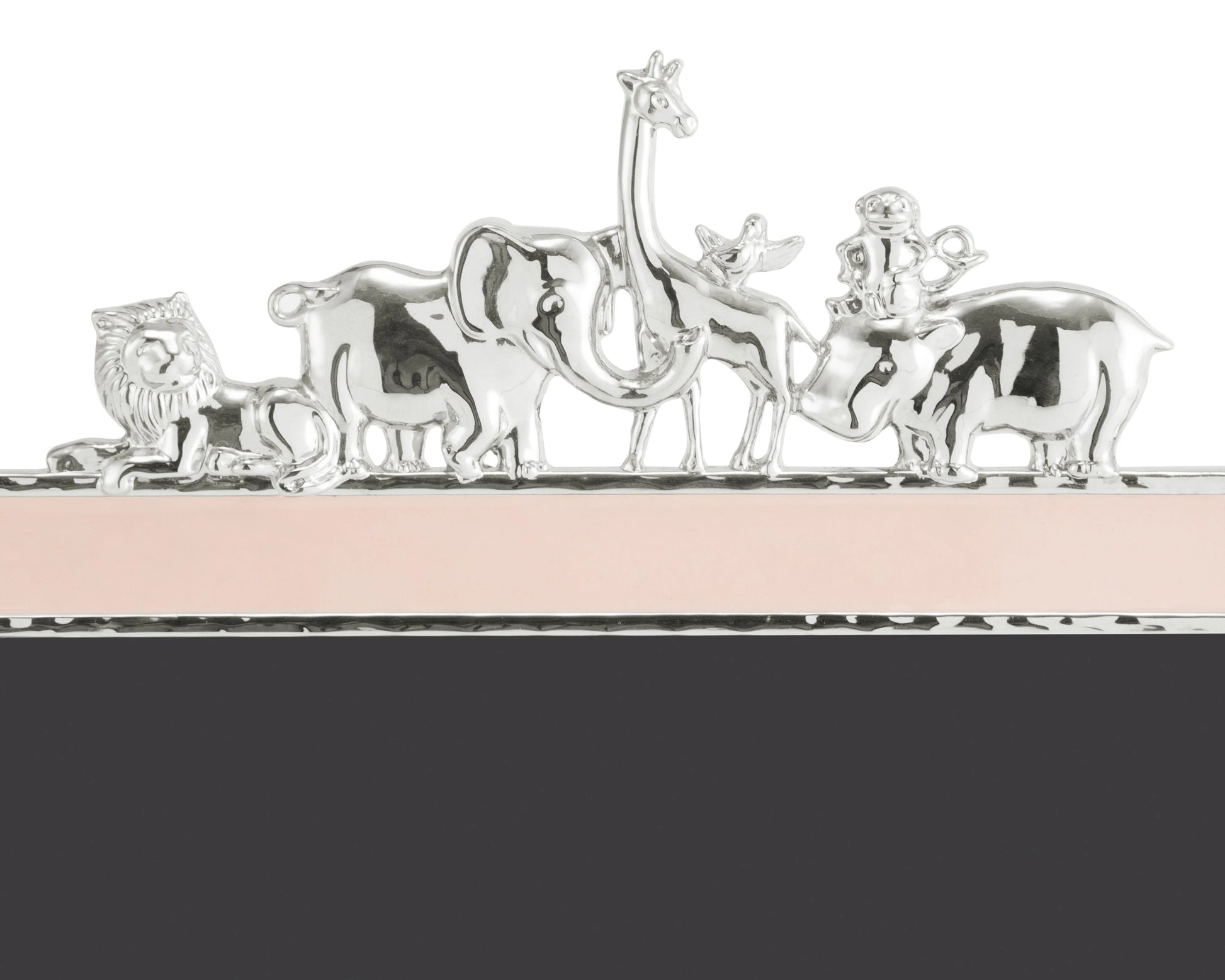 The Michael Aram Animals Nickelplate Frame, 5x7 in pink, features charming silver figures—a lion, elephant, giraffe, zebra, monkey, and rhinoceros—arranged on a rectangular base to inspire children's imagination.