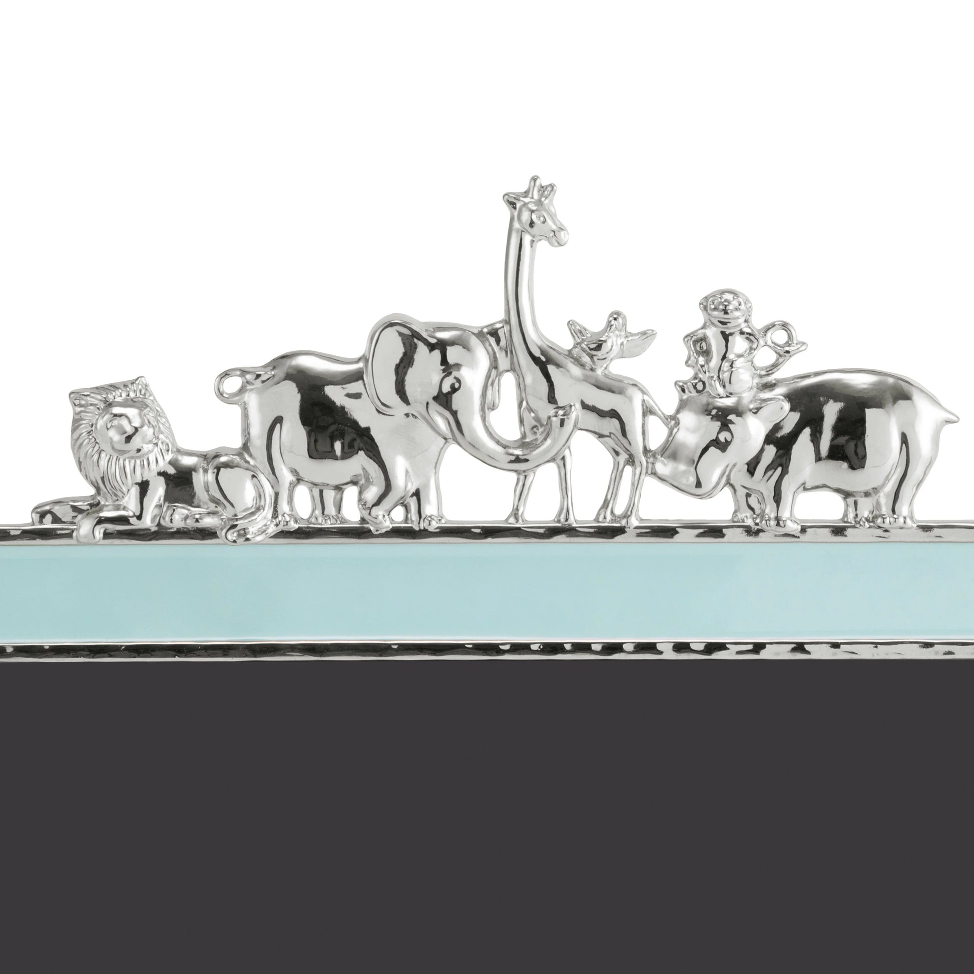 The Michael Aram Animals Nickelplate Frame, 5x7 – Blue features silver animal figurines on a blue and black surface, making it perfect for showcasing memories or delighting children.