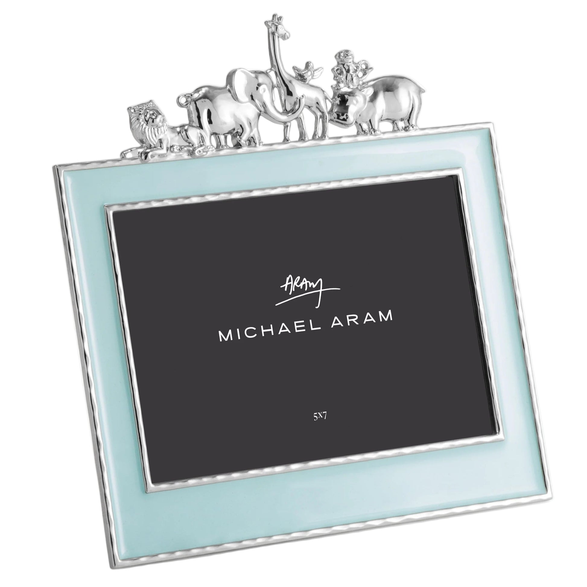 The Michael Aram Animals Nickelplate Frame, 5 x 7 – Blue, features a silver design with a light blue border and small animal figurines—lion, elephant, giraffe, and rhinoceros—perfect for displaying children's memories or enhancing any collection.