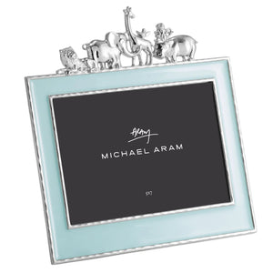 The Michael Aram Animals Nickelplate Frame, 5 x 7 – Blue, features a silver design with a light blue border and small animal figurines—lion, elephant, giraffe, and rhinoceros—perfect for displaying children's memories or enhancing any collection.