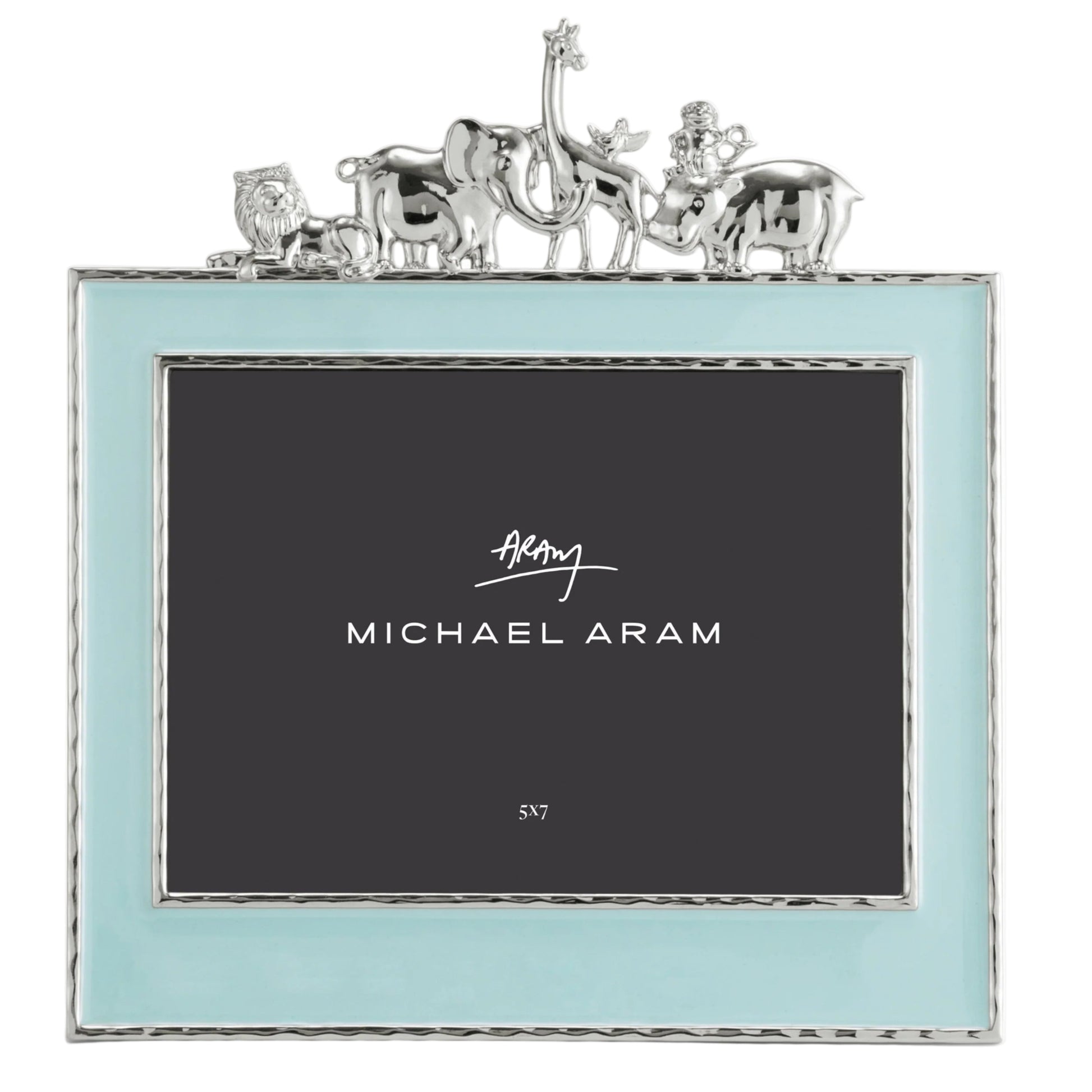 The Michael Aram Animals Nickelplate Frame, 5x7 in blue, features a light blue border with silver animal accents—an ideal way to showcase children’s memories in your cherished collection.