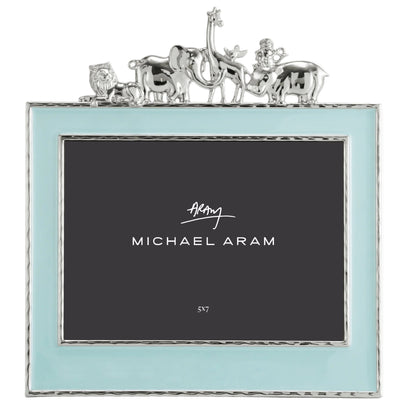 The Michael Aram Animals Nickelplate Frame, 5x7 in blue, features a light blue border with silver animal accents—an ideal way to showcase children’s memories in your cherished collection.