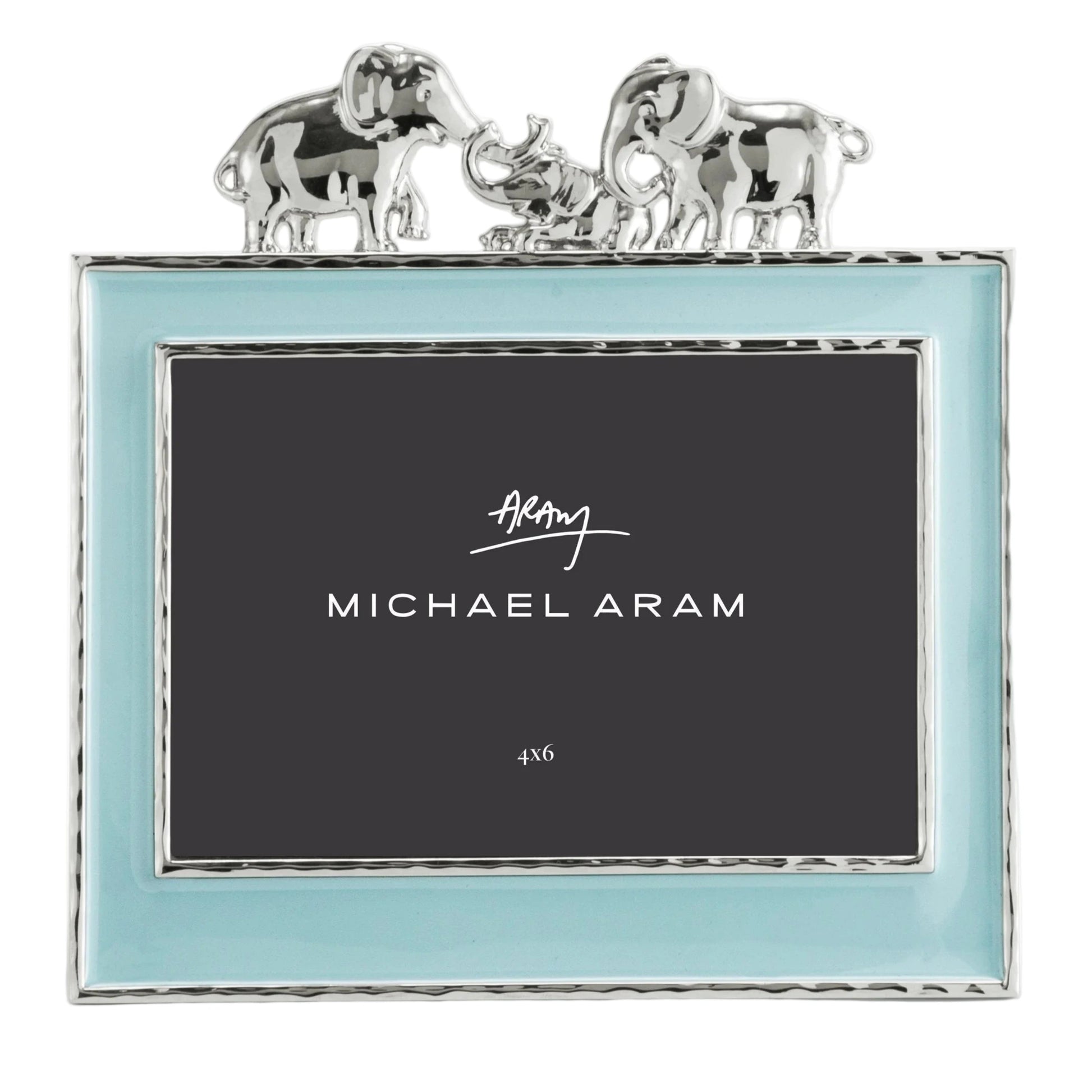 The Michael Aram Elephant Frame 4X6 - Blue features a light blue border, silver trim, and two silver elephants facing each other—an enchanting way to display children's cherished memories.