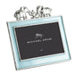 The Michael Aram Elephant Frame 4X6 - Blue features a light blue border and three silver elephant figurines on top, making it perfect for displaying your child's treasured memories.