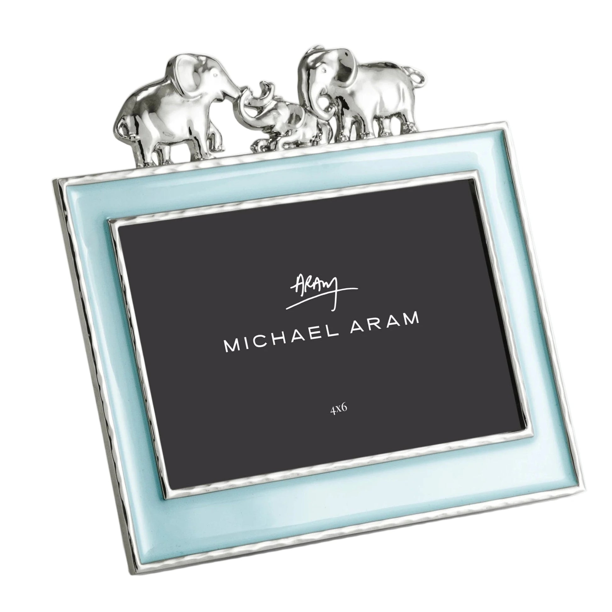 The Michael Aram Elephant Frame 4X6 - Blue features a light blue border and three silver elephant figurines on top, making it perfect for displaying your child's treasured memories.
