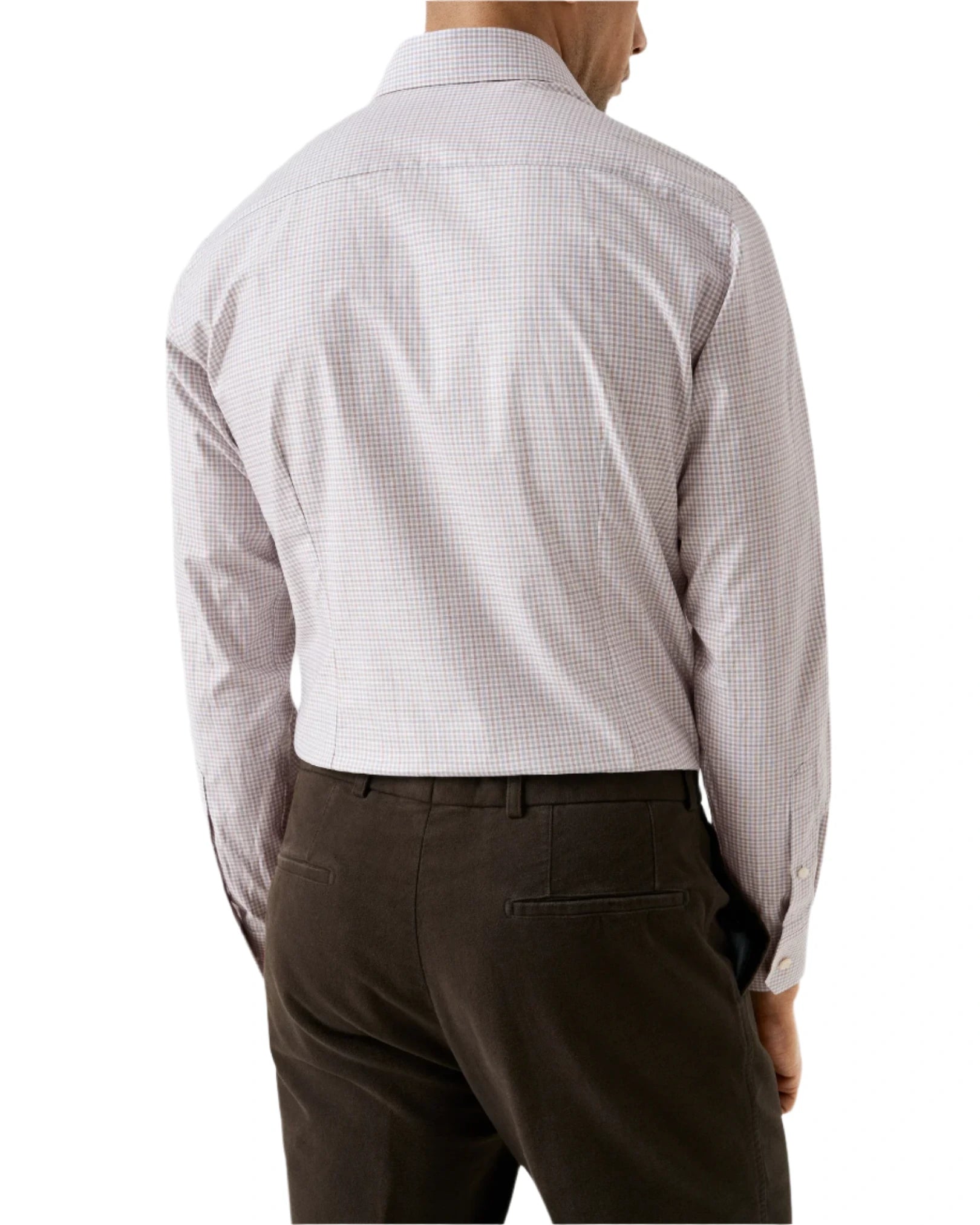 A man is shown from the back wearing Eton's Slim Cut Away Micro Check Twill Shirt in a light color and dark brown pants.