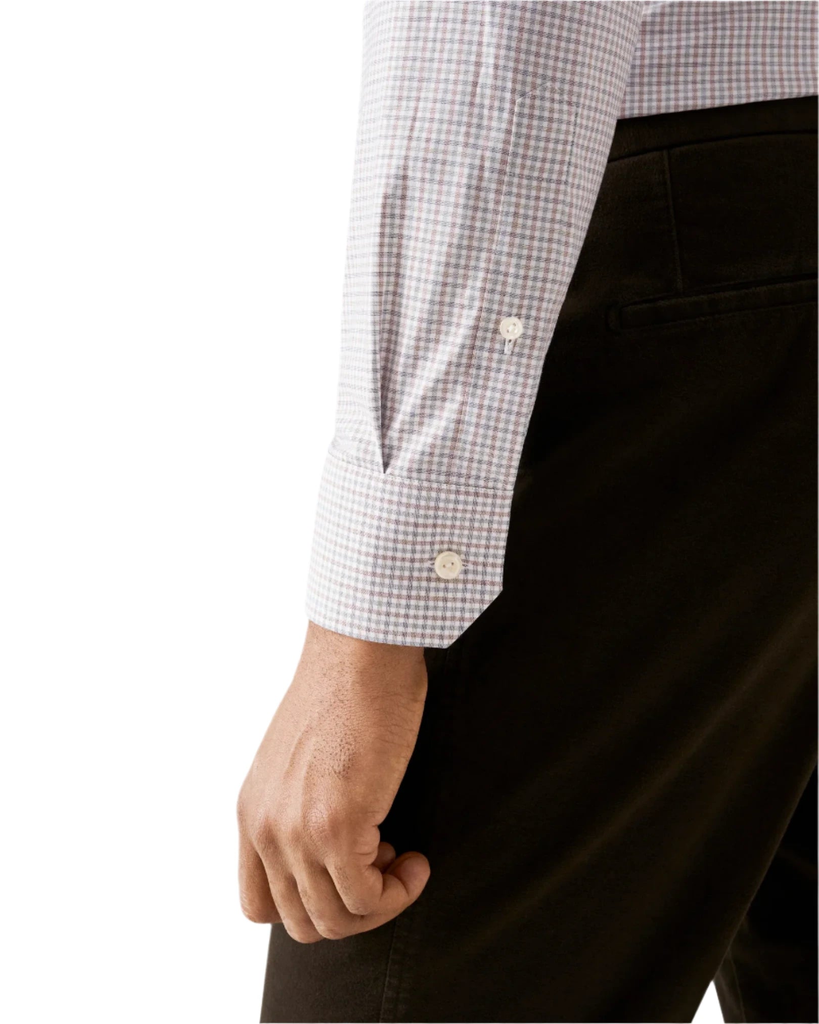 A person is shown from the waist down against a white background, wearing Eton's Slim Cut Away Micro Check Twill Shirt with dark trousers, their arm resting by their side.