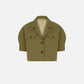 Blaze Milano’s Midday Sun Lola Jacket, a cropped olive green linen piece, features short sleeves, padded shoulders, a notched collar, two brown buttons, and front flap pockets—all shown on a plain background.