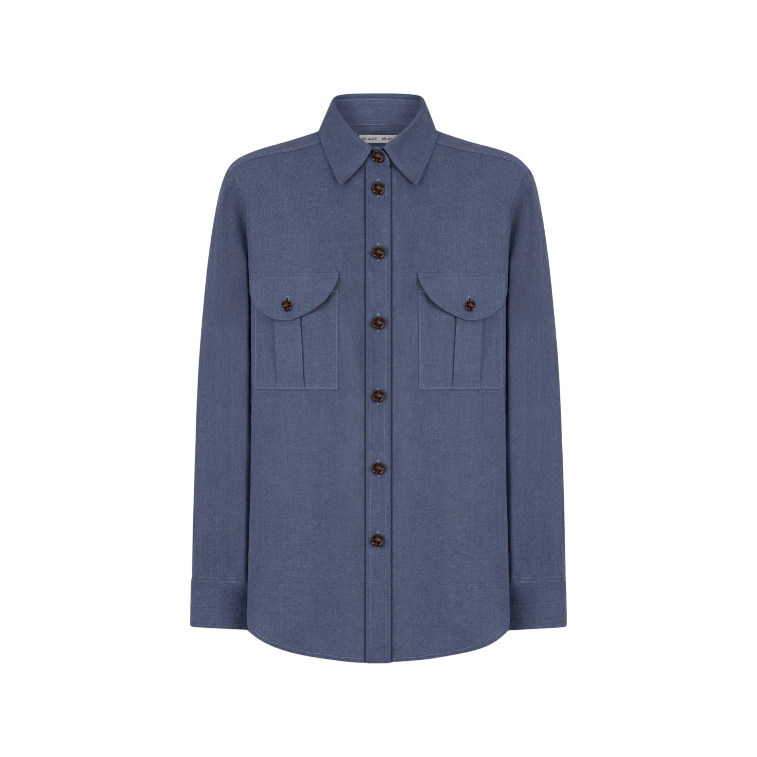 The Midday Sun Berber Shirt by Blaze Milano is a long-sleeved blue cotton shirt with a collar and two front chest pockets, shown against a plain white background.